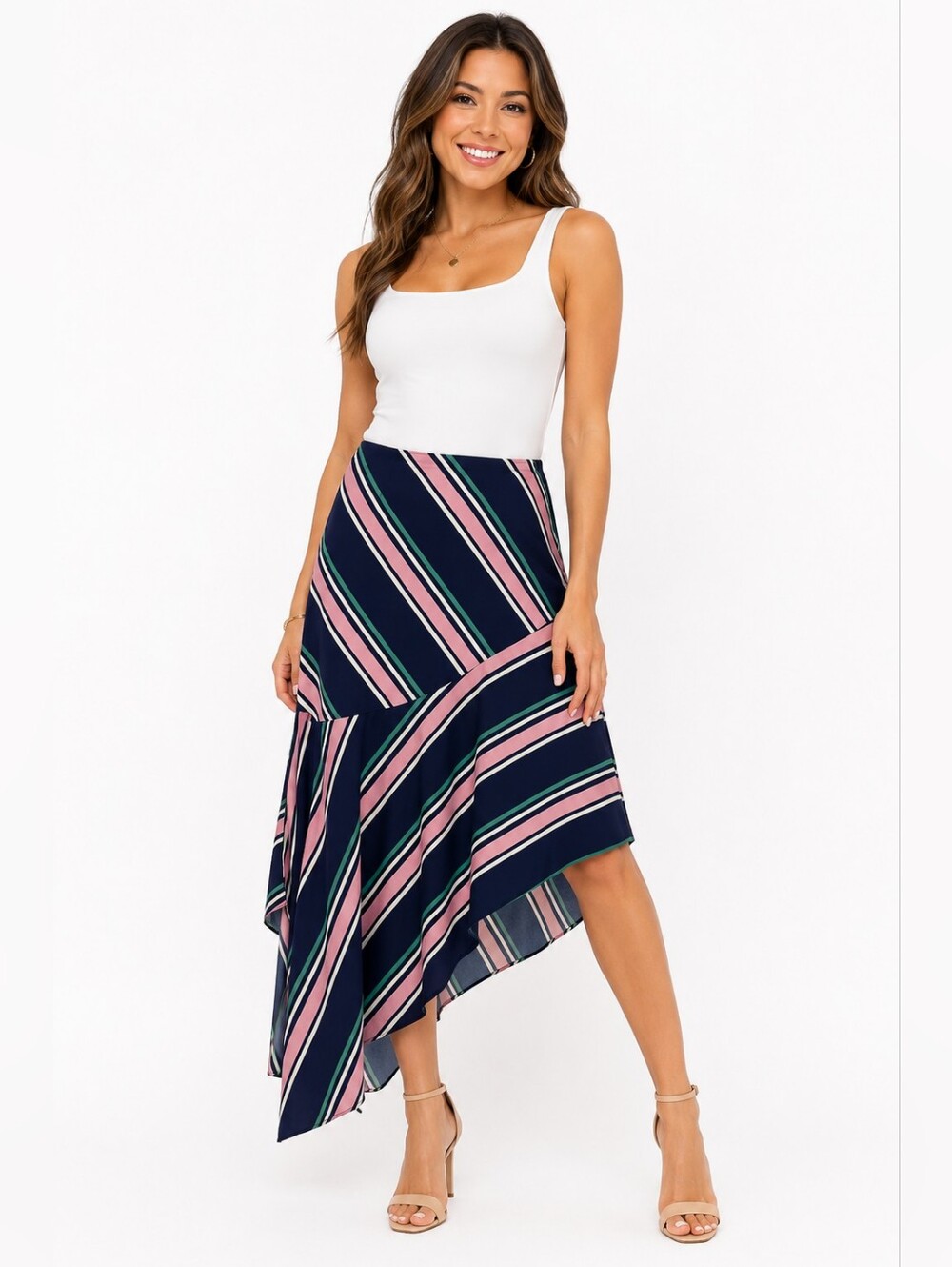 Bar III Asymmetrical Striped Midi Skirt Women Size 12 Navy Pink Green High Low